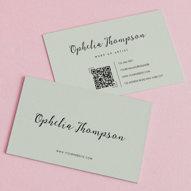 Sage Green Script QR-Code Visitenkarte (Von Creator hochgeladen)