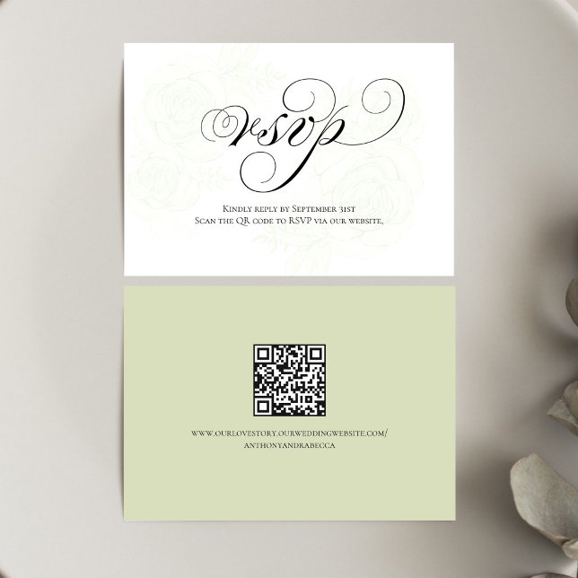 Sage Green Script QR Code Wedding RSVP Card Karte (Sage green script RSVP card with QR code for quick and easy wedding responses)