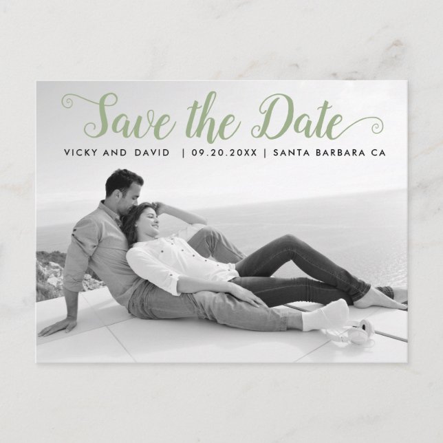 Sage green script wedding Save the Date Foto Postkarte (Vorderseite)