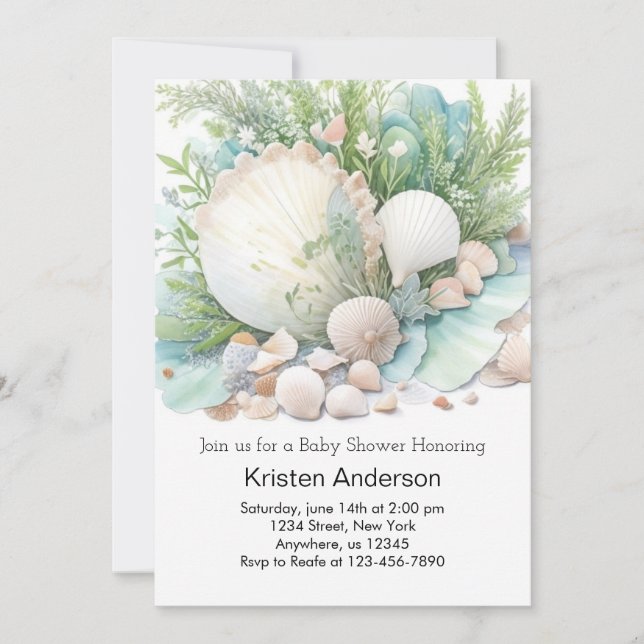 Sage Green Seashell Adventure erwartet Baby Shower Einladung (Vorderseite)