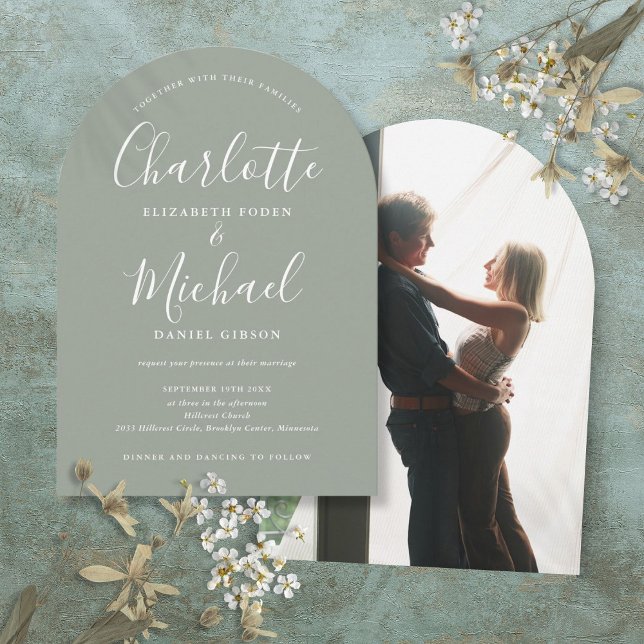 Sage Green Signature Script Foto Arch Wedding Einladung (Sage Green Signature Script Photo Arch Wedding Invitation)