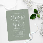 Sage Green Signature Script Hochzeit Einladungspostkarte<br><div class="desc">Diese elegante,  grüne Hochzeitseinladung,  die Sie mit Ihren Stilbezeichnungen versehen,  kann mit Ihren Informationen in schicken Schriften personalisiert werden. Entwickelt von Thisisnotme©</div>