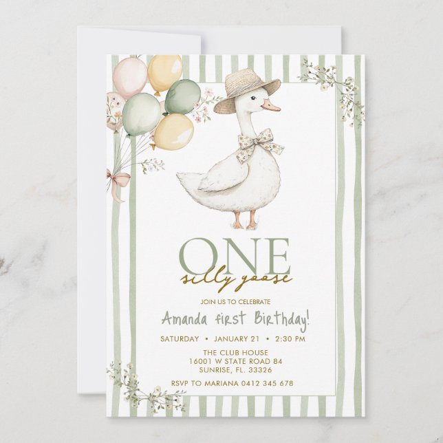  Sage Green Silly Goose 1st Birthday  Einladung (Vorderseite)