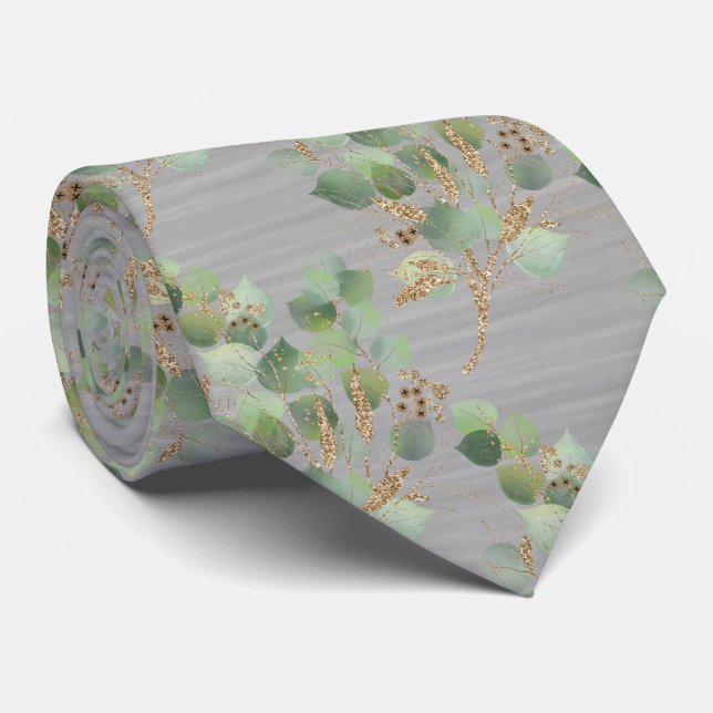 SAGE GREEN SILVER BOTANICAL EUCALYPTUS MENS KRAWAT KRAWATTE (Gerollt)