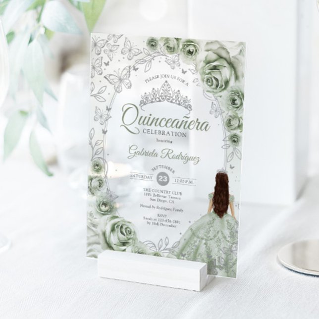 Sage Green Silver Floral Quinceanera Acryleinladungen (Von Creator hochgeladen)