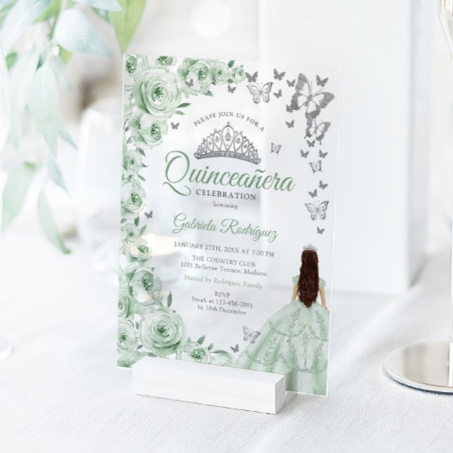 Sage Green Silver Floral Quinceanera Acryleinladungen (Von Creator hochgeladen)