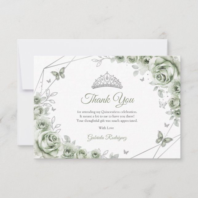 Sage Green Silver Floral Quinceanera Dankeskarte (Vorderseite)