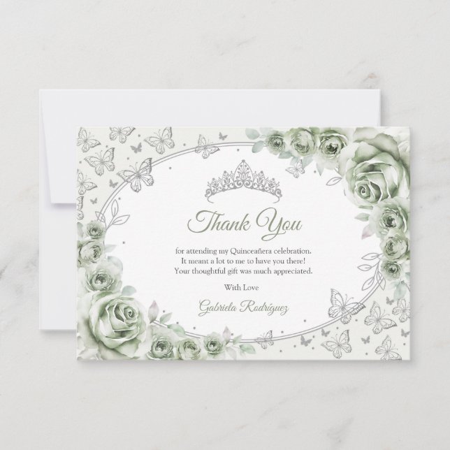 Sage Green Silver Floral Quinceanera Dankeskarte (Vorderseite)