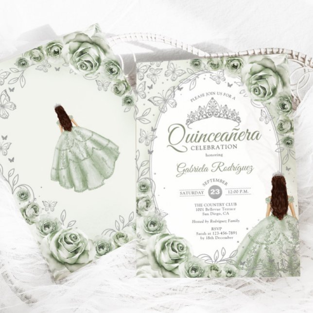 Sage Green Silver Floral Quinceanera Einladung (Von Creator hochgeladen)