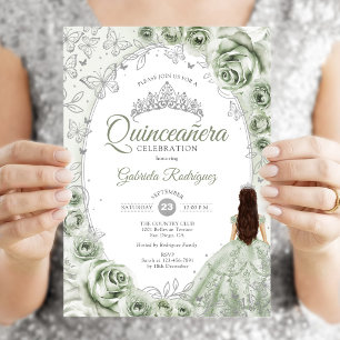 Sage Green Silver Floral Quinceanera Einladung