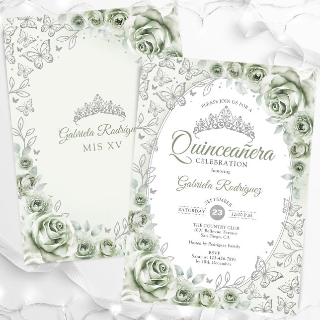 Sage Green Silver Floral Quinceanera Einladung (Von Creator hochgeladen)