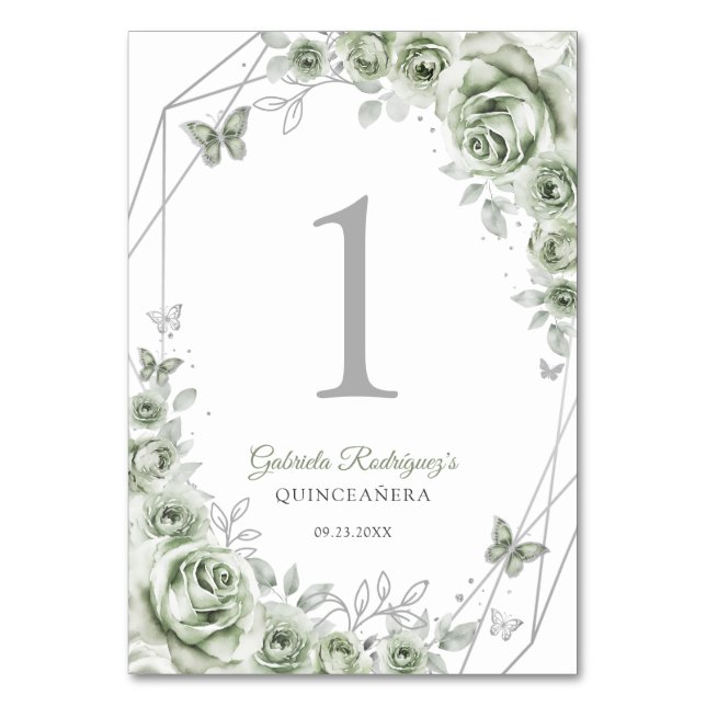 Sage Green Silver Floral Quinceanera Tischnummer (Vorderseite)