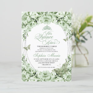 Sage Green Silver Floral Tiara Quinceanera Einladung