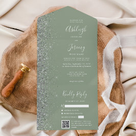 Sage Green Silver Glitter QR Code Wedding All In One Einladung