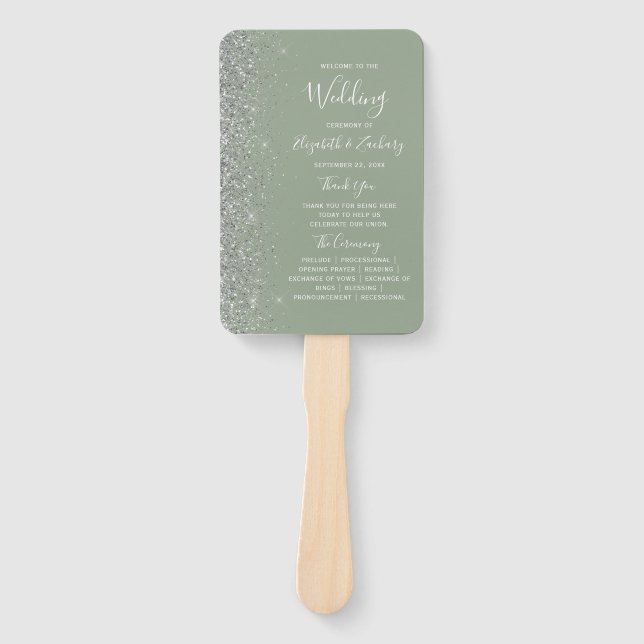 Sage Green Silver Glitzer Edge Hochzeitsprogramm Fächer (Vorderseite)