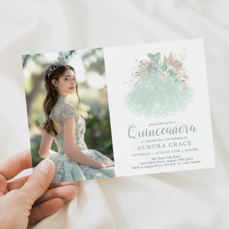 Sage Green Silver Quinceañera Princess Dress Foto Einladung