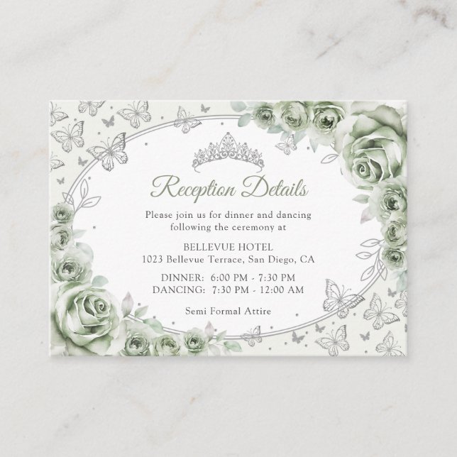 Sage Green Silver Quinceanera Reception Details Begleitkarte (Vorderseite)