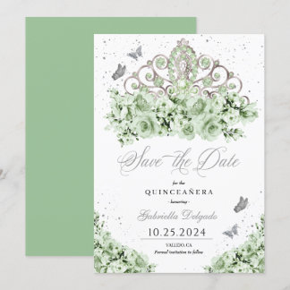 Sage Green Silver Tiara Save the Date Quinceañera Einladung
