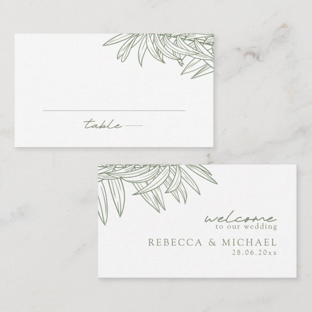 Sage Green Simple Hand Drawing Botanical Flat Platzkarte (Vorne/Hinten)