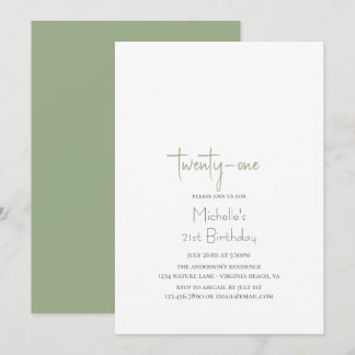 Sage Green Simple Modern Minimalistisch 21. Geburt Einladung