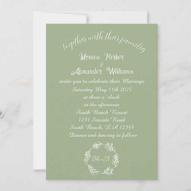Sage Green Simple Modern Mit Monogramm Wedding Einladung (Vorderseite)