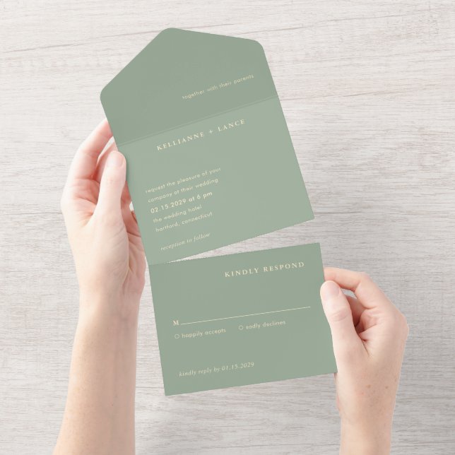 Sage Green Simple Modern Wedding All In One Einladung (Abreißen)