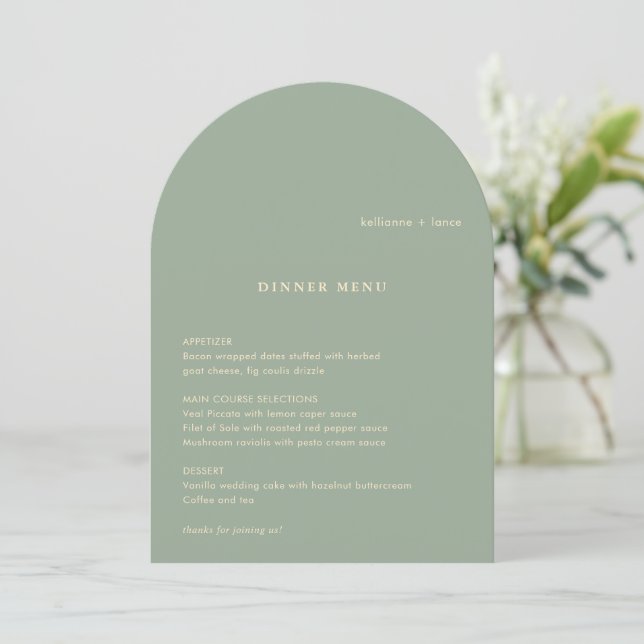 Sage Green Simple Modern Wedding Menu Einladung (Stehend Vorderseite)