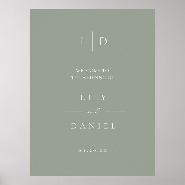 Sage Green Simple Monogram Wedding Begrüßungszeich Poster (Vorne)