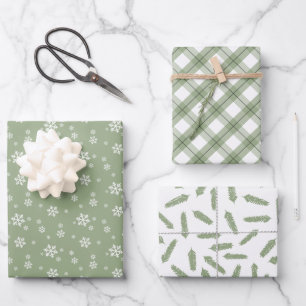 Sage Green Snowflakes Pine Karierte Urlaubsmuster Geschenkpapier Set