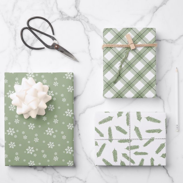 Sage Green Snowflakes Pine Karierte Urlaubsmuster Geschenkpapier Set (Vorderseite)