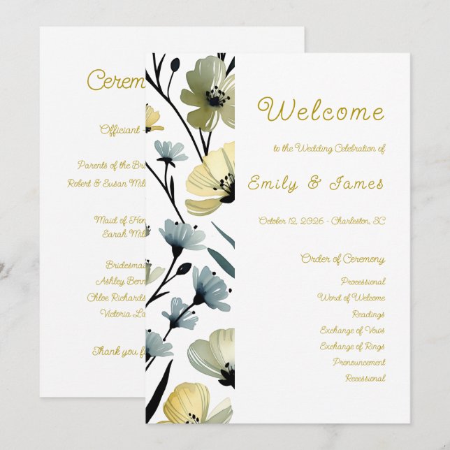 Sage Green & Soft Yellow Botanical Weddin Programm (Vorne/Hinten)