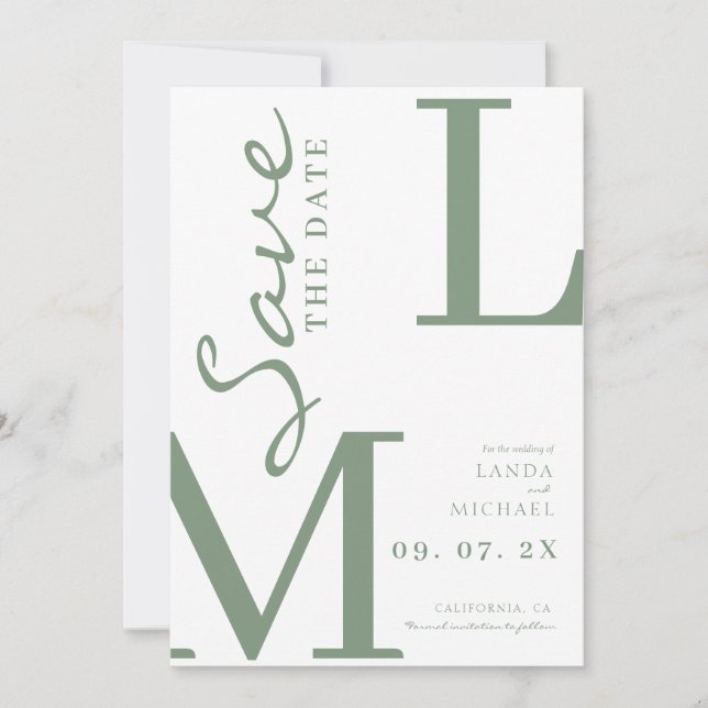 Sage Green Stilvolle Monogramm-Hochzeit Save The Date (Vorderseite)