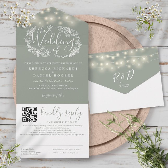 Sage Green String Lights Floral QR Code Hochzeit All In One Einladung (Sage Green String Lights Floral QR Code Wedding All In One Invitation)