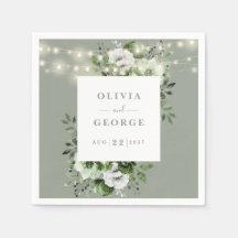 Sage Green String Lights Floral Wedding Napkin