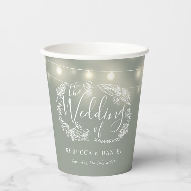 Sage Green String Lights Floral Wedding Pappbecher (Vorderseite)