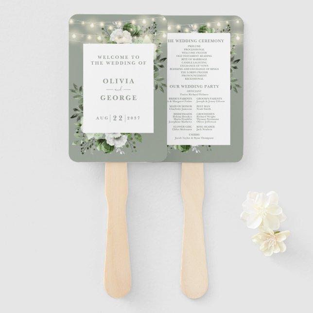Sage Green String Lights Floral Wedding Program Fächer (Vorne und Hinten)