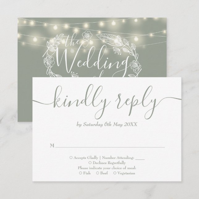 Sage Green String Lights Floral Wedding RSVP Karte (Vorne/Hinten)