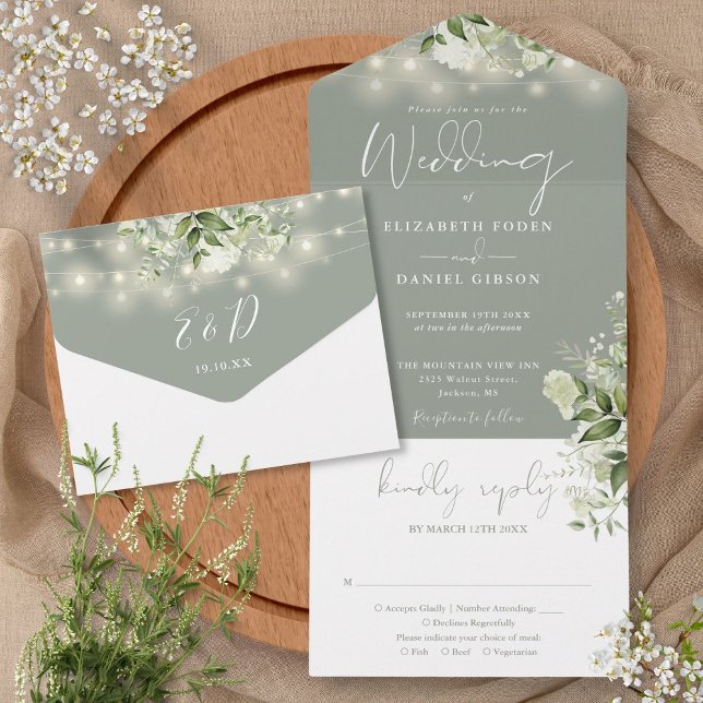 Sage Green String Lights Greenerity Monogram Weddi All In One Einladung (Sage Green String Lights Greenery Monogram Wedding All In One Invitation)