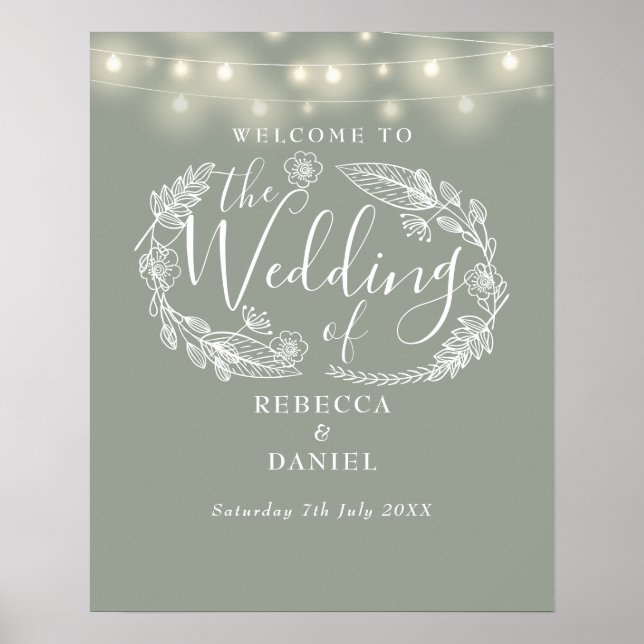 Sage Green String Lights Hochzeitungs-Begrüßungsze Poster (Vorne)