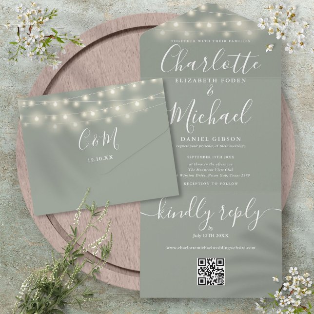 Sage Green String Lights QR Code Monogram Wedding All In One Einladung (Sage Green String Lights QR Code Monogram Wedding All In One Invitation)