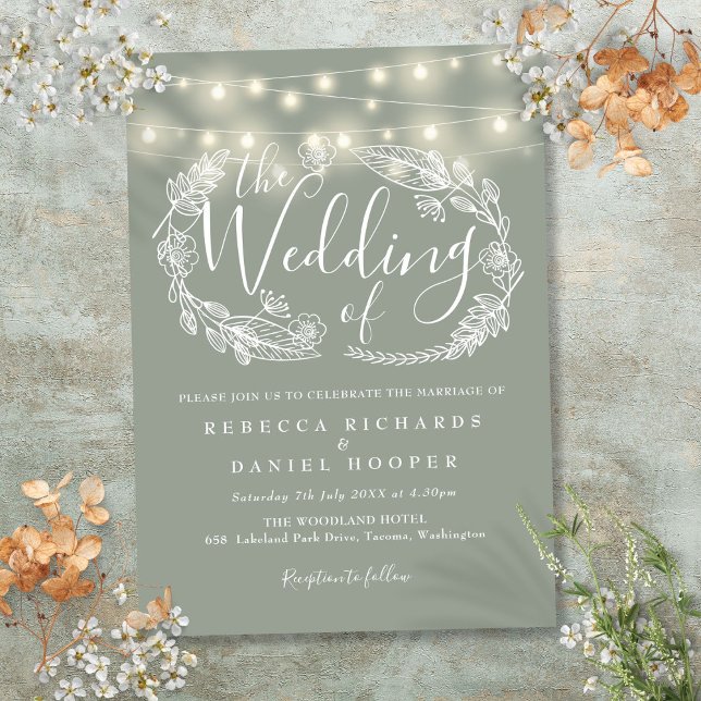 Sage Green String Lights Script Wedding Einladung (Sage Green String Lights Script Wedding Invitation)