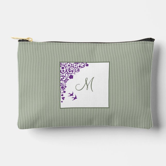 Sage Green Strip Lila Blumenzellenschrift Monogram Zubehörtasche (Vorderseite)