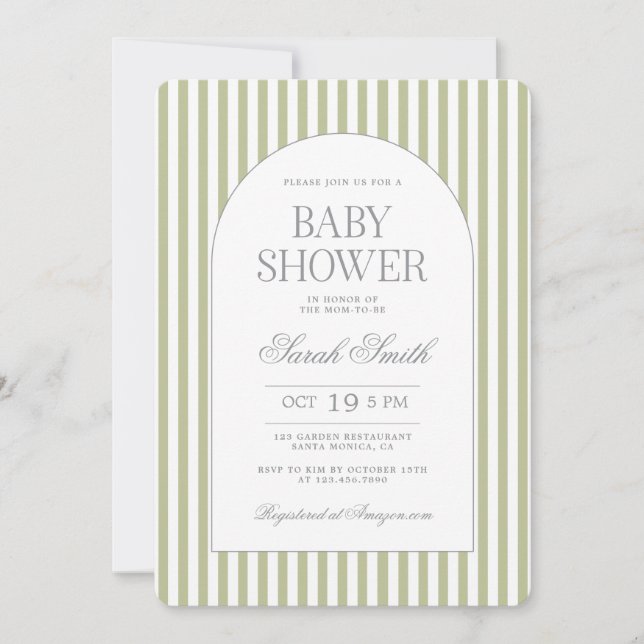 Sage Green Stripe Baby Shower Invitation (Devant)