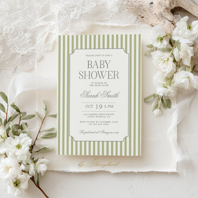 Sage Green Stripe Baby Shower Invitation Einladung (Von Creator hochgeladen)