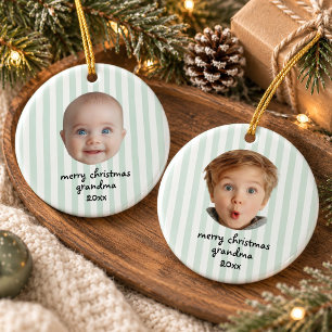 Sage Green Stripe Frohe Weihnachten Oma Foto Keramik Ornament