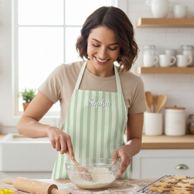 Sage Green Stripe Women's Custom Apron Schürze (Von Creator hochgeladen)