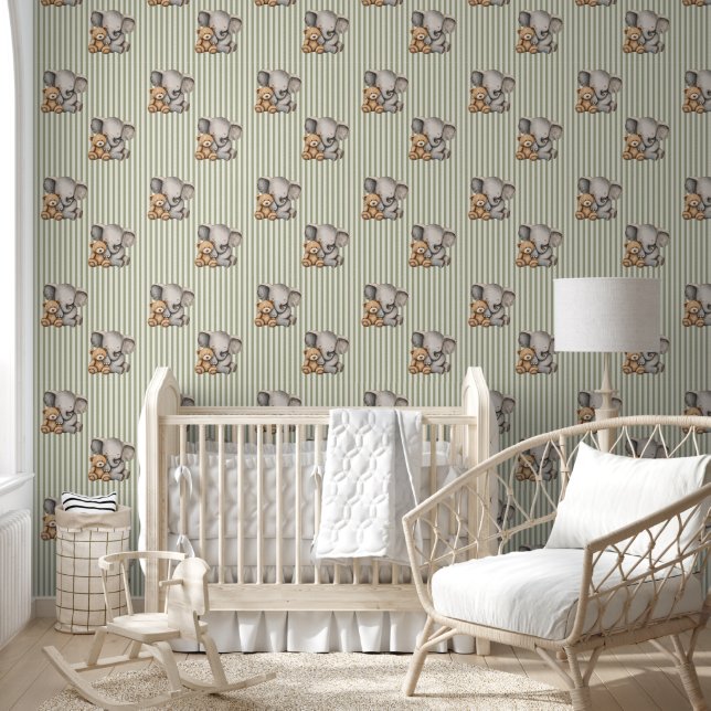 Sage Green Striped Elephant and Teddy Bear  Tapete (Kinder)