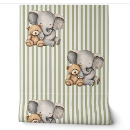 Sage Green Striped Elephant and Teddy Bear Tapete