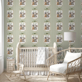 Sage Green Striped Elephant and Teddy Bear Tapete