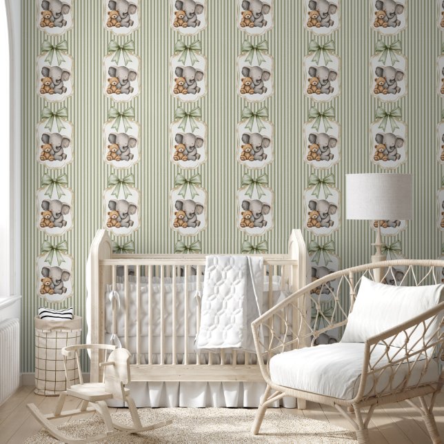 Sage Green Striped Elephant and Teddy Bear  Tapete (Kinder)